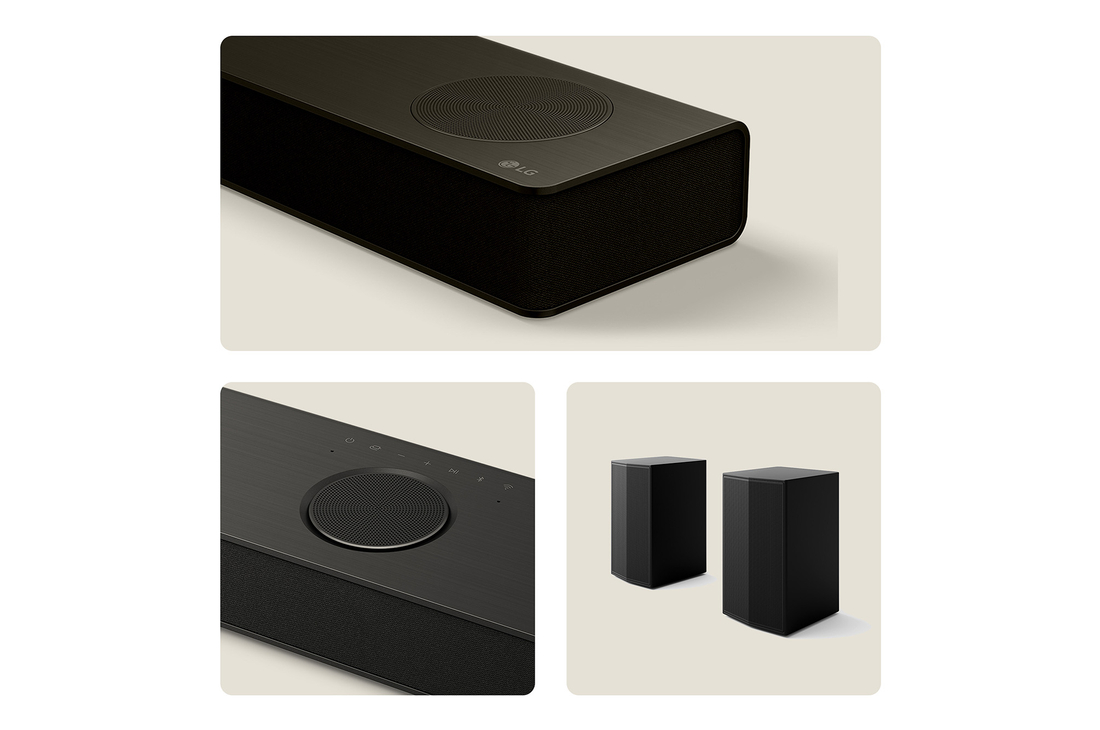 3 individual shots of the US80TR soundbar and speaker 