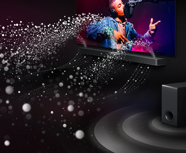 LG TV and LG Soundbar US95TR in a black room playing a musical performance. White droplets representing soundwaves shoot upwards and forward from the soundbar. A subwoofer is creating a sound effect from the bottom.