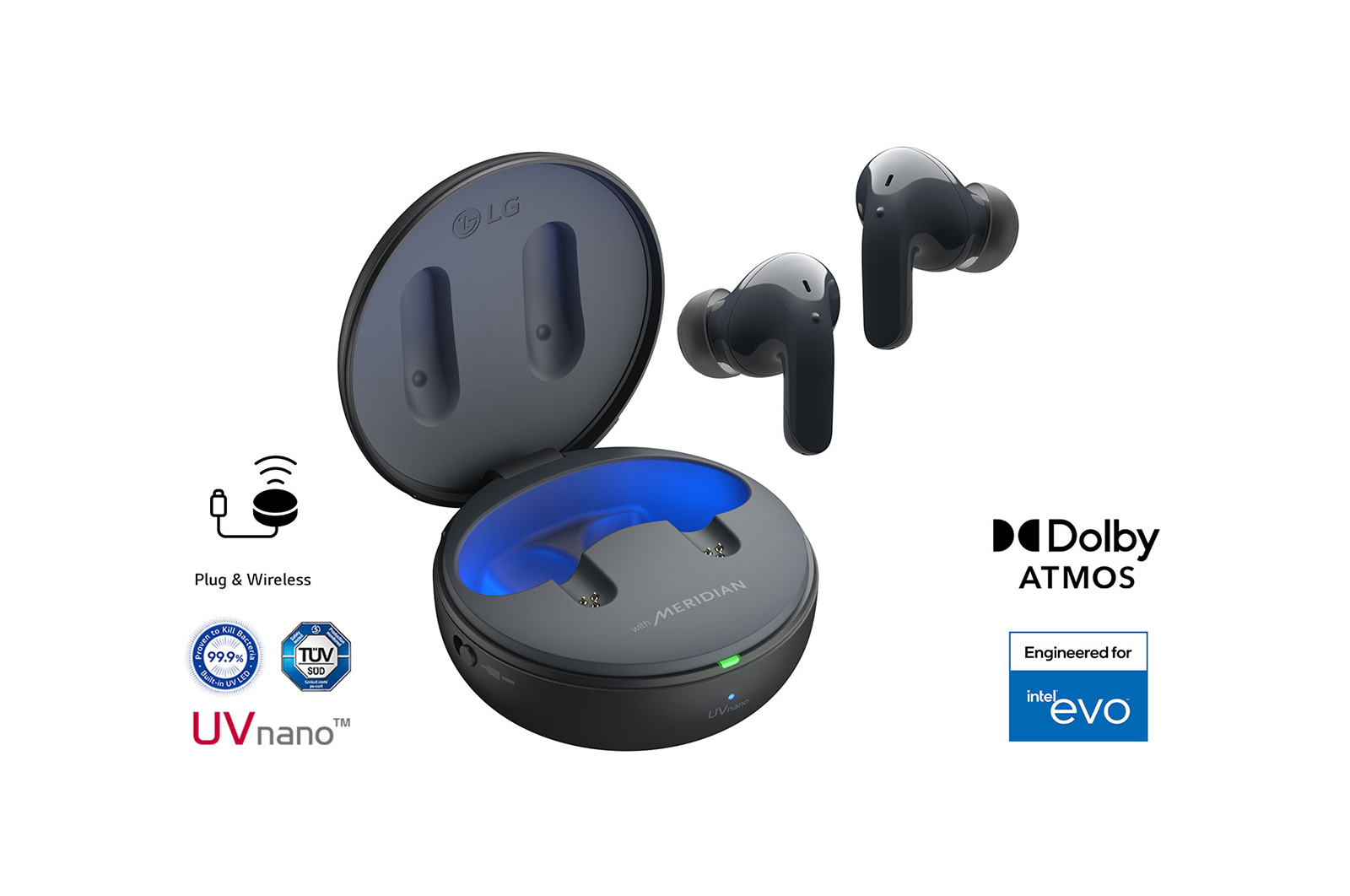 Front view of LG TONE Free UT90Q - Dolby Atmos Wireless Bluetooth Earbuds with Plug & Wireless Connections TONE-UT90Q