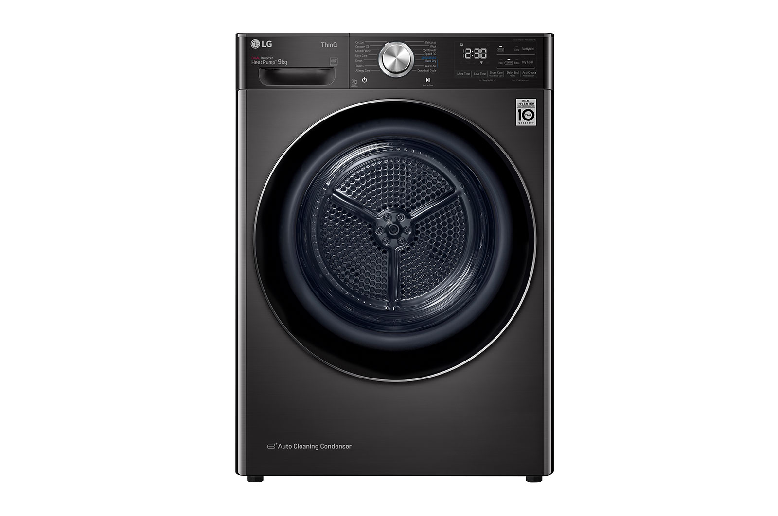Front view of 9kg DUAL Inverter HeatPump Dryer Black Steel A+++ FDV1109B