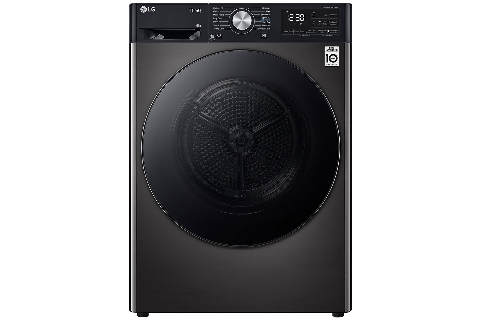 Front view of Auto Cleaning Condenser DUAL Inverter Heat Pump™ 9kg Dryer, Black Steel FDV909BN