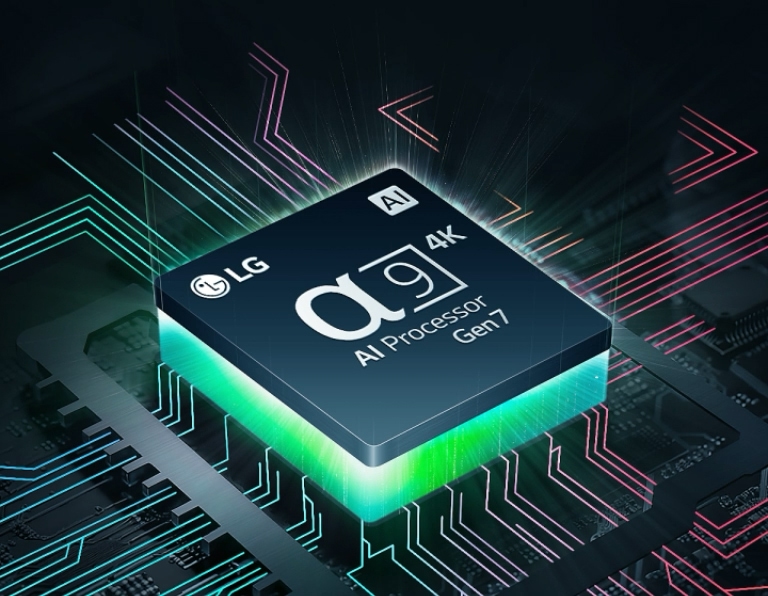 The alpha 9 AI Processor 4k Gen7 is barely visible amidst darkness. The chip lights up green, and colourful bolts of light shoot out from it. More bolts appear across the motherboard, stretching further, and white dots like stars come into view, creating the impression of an intergalactic scene.