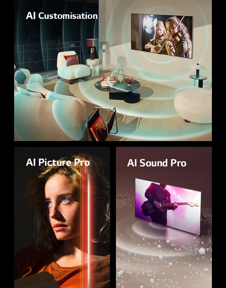 An LG OLED in a modern living space showing a musical performance on screen. Blue circular waves depicting personalization surround the TV and space.  An image of a woman with piercing blue eyes and a burnt orange top in a dark space. Red lines depicting AI refinements cover part of her face, which is bright and detailed, while the rest of the image looks dull.  An image of an LG OLED TV as sound bubbles and waves emit from the screen and fill the space.