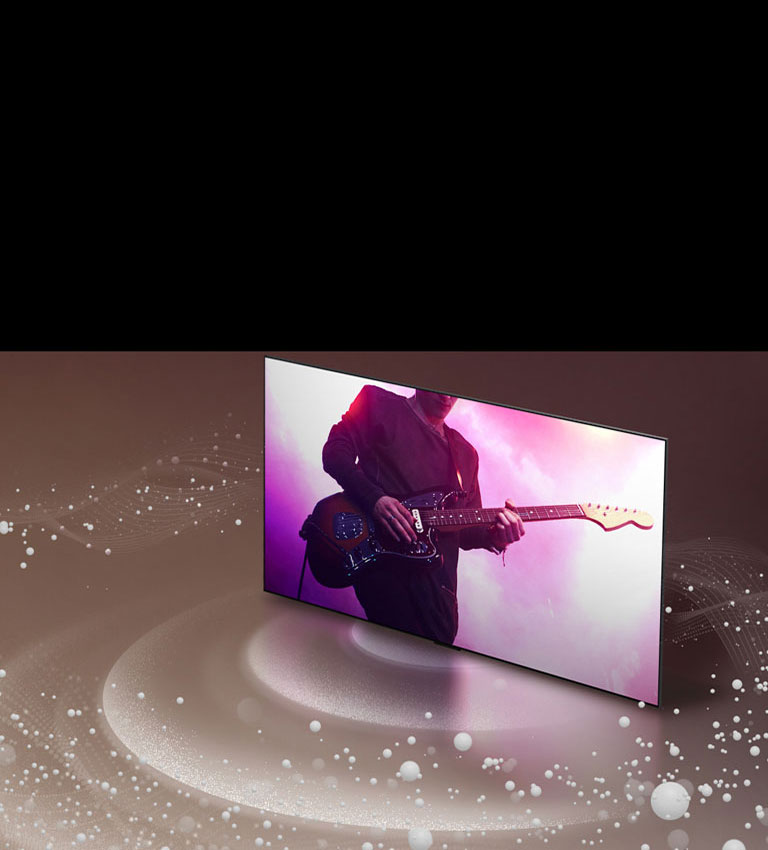 An image of an LG OLED TV as sound bubbles and waves emit from the screen and fill the space.