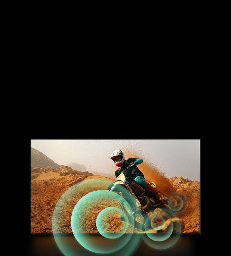 An image of a man riding a motorbike on a dirt track with bright circle graphics around the motorbike.
