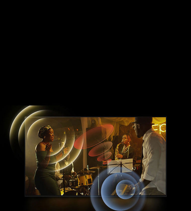 An image of an LG OLED TV showing musicians performing, with bright circle graphics around the microphones and instruments.