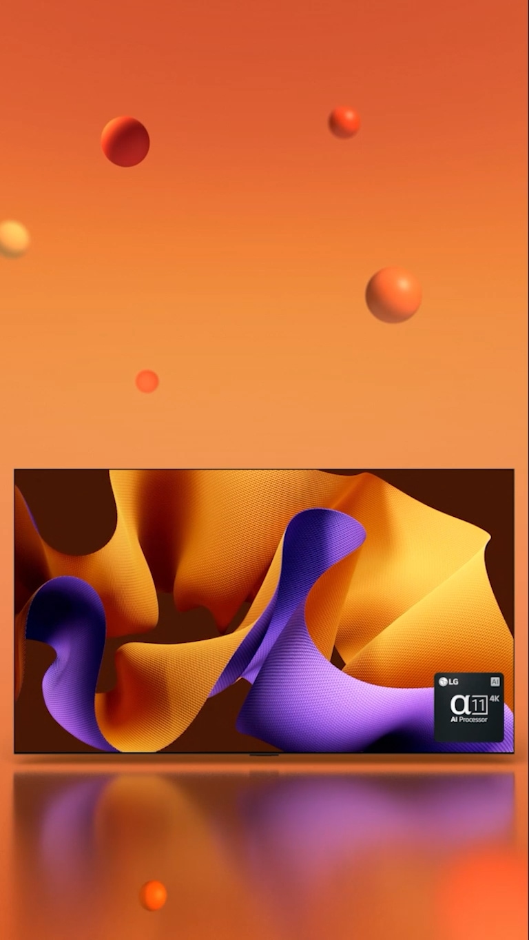 The LG OLED G4 facing 45 degrees to the right with a purple and orange abstract artwork on screen against an orange backdrop with 3D spheres. The OLED TV rotates to face the front. On the bottom right there is an logo of LG alpha 11 AI processor chipset.