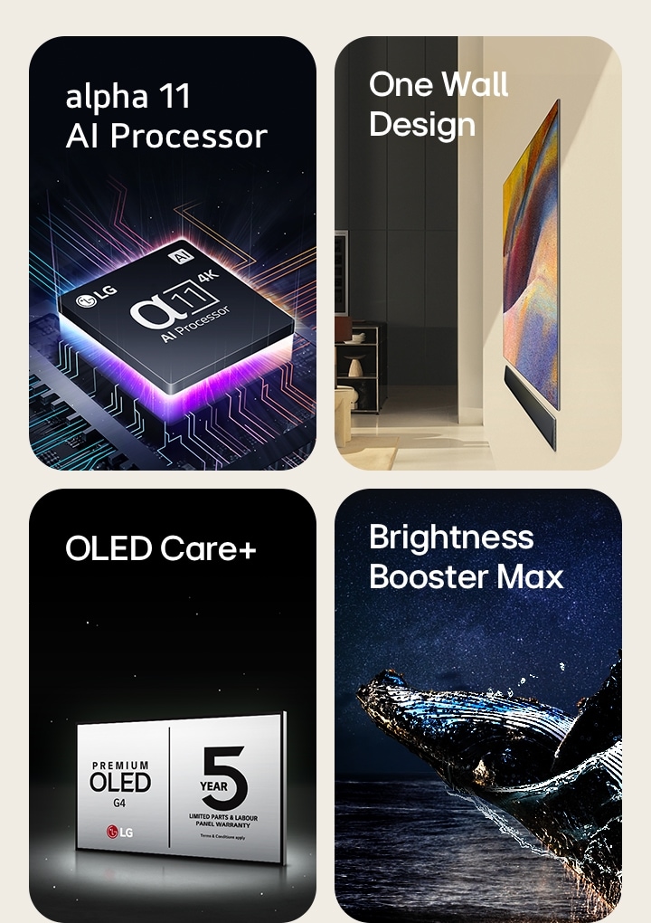 The alpha 11 AI Processor 4K on top of a motherboard, emitting purple and pink bolts of light.	 A side view of the One Wall Design of LG OLED G4 and LG Soundbar flat against the wall in a modern living space. An image of the LG OLED Care+ and 5 Year Panel Warranty logo against a black backdrop. An image of showing Brightness Booster Max with a whale jumping out of the water before a starry night sky. 