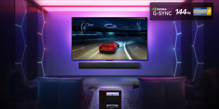 LG OLED M5 TV with a game being played on its screen showcasing the smooth and seamless gameplay. Zero Connect Box is seen, but blends well with the space. Nvidia G-Sync logo, 144Hz logo and Intertek certification for 0.1ms response time are seen. Gaming certifications are visible.