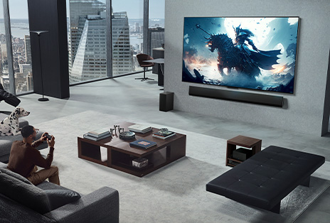 Living room with a person playing a video game on his wall-mounted LG True Wireless TV and LG Soundbar. He holds a controller in his hand, but the gaming console is not immediately visible. There are also no visible wires. The Zero Connect Box is tucked away, barely seen under a side table.