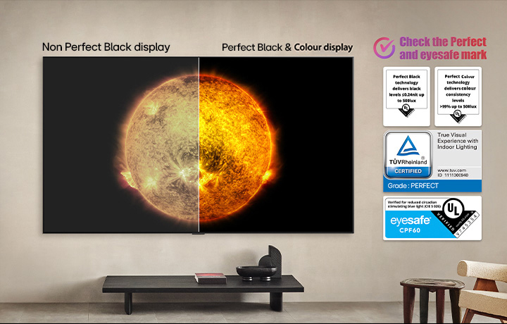 LG OLED TV showing a visual comparison between a display with Perfect Color and Perfect Black and one without. UL, TÜV, and eyesafe certifications are visible, with text prompting to check the marks.