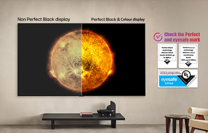 LG OLED TV showing a visual comparison between a display with Perfect Color and Perfect Black and one without. UL and eyesafe certifications are visible with text prompting to check the marks.