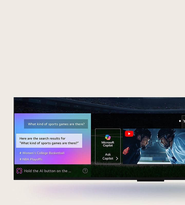 Close-up of an LG OLED TV screen showing how AI Search works. A small chat window is open showing how the user asked for what sports games are available. AI search responded via chat and by showing thumbnails of available content. There is also a prompt to ask Microsoft Copilot.