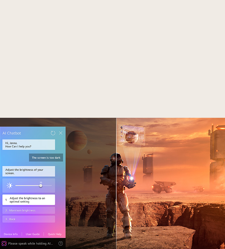 Sci-fi content is playing on an LG OLED TV screen. On the screen is the AI Chatbot interface. The user messaged the chatbot saying that the screen is too dark. The chatbot offered solutions to the request. The whole scene is also split in two. One side is darker, the other side is brighter, showing how AI Chatbot solved the issue for the user automatically.