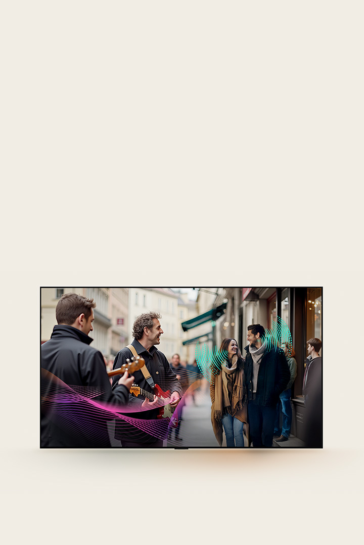 A busy street filled with people. A couple is walking having a conversation. A couple of street performers are playing guitar. Abstract soundwaves are coming from the guitar players and the couple representing how every sound element can be heard clearly with AI Object Remastering.