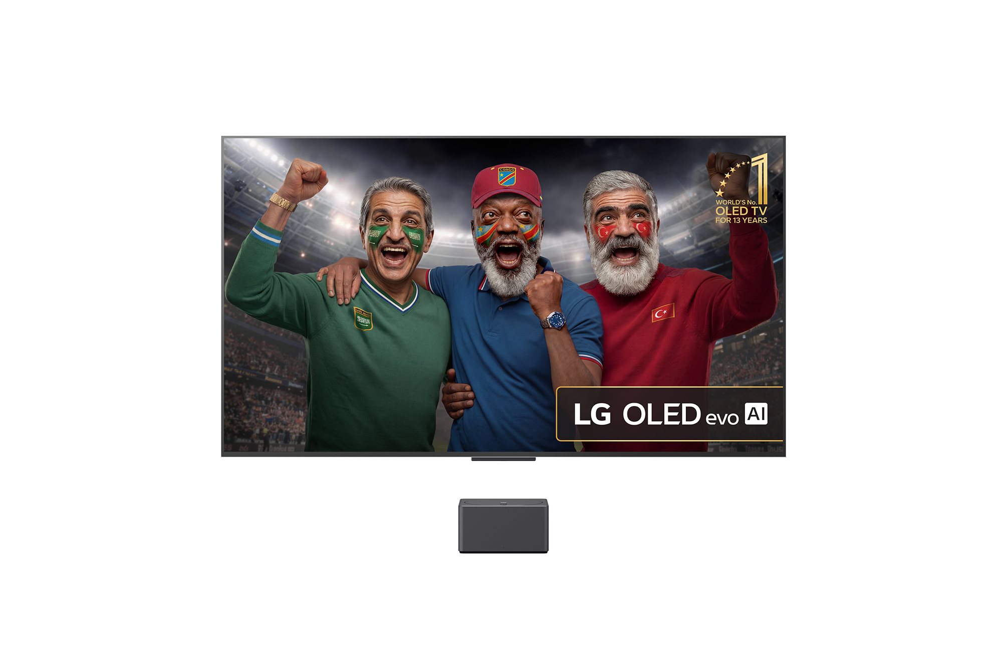 Front view of LG OLED M5 Signature TV. 12 Years of world number 1 OLED emblem and LG Signature OLED M logo are on the screen. Zero Connect Box in the corner with the title, Zero Connect Box with 4K 144Hz wireless video & audio transfer