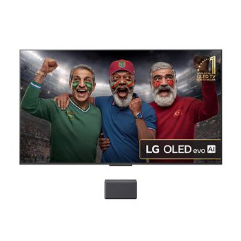 Front view of LG OLED M5 Signature TV. 12 Years of world number 1 OLED emblem and LG Signature OLED M logo are on the screen. Zero Connect Box in the corner with the title, Zero Connect Box with 4K 144Hz wireless video & audio transfer