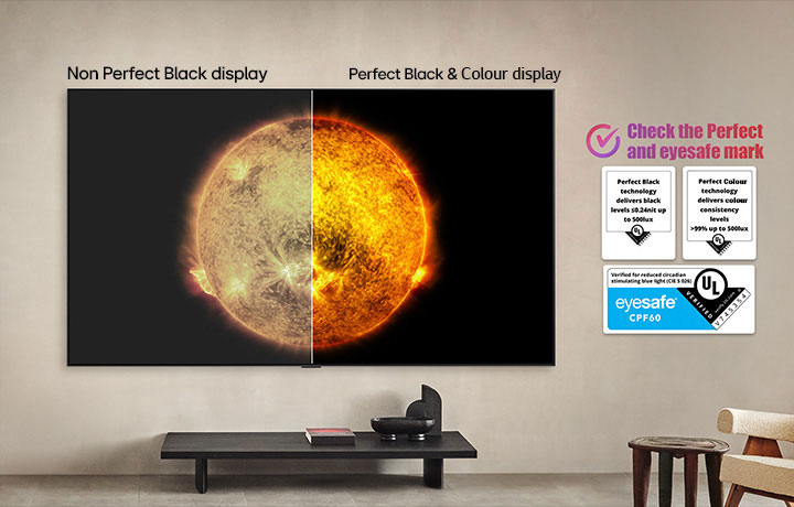 LG OLED TV showing a visual comparison between a display with Perfect Colour and Perfect Black and one without. UL and eyesafe certifications are visible with text prompting to check the marks.