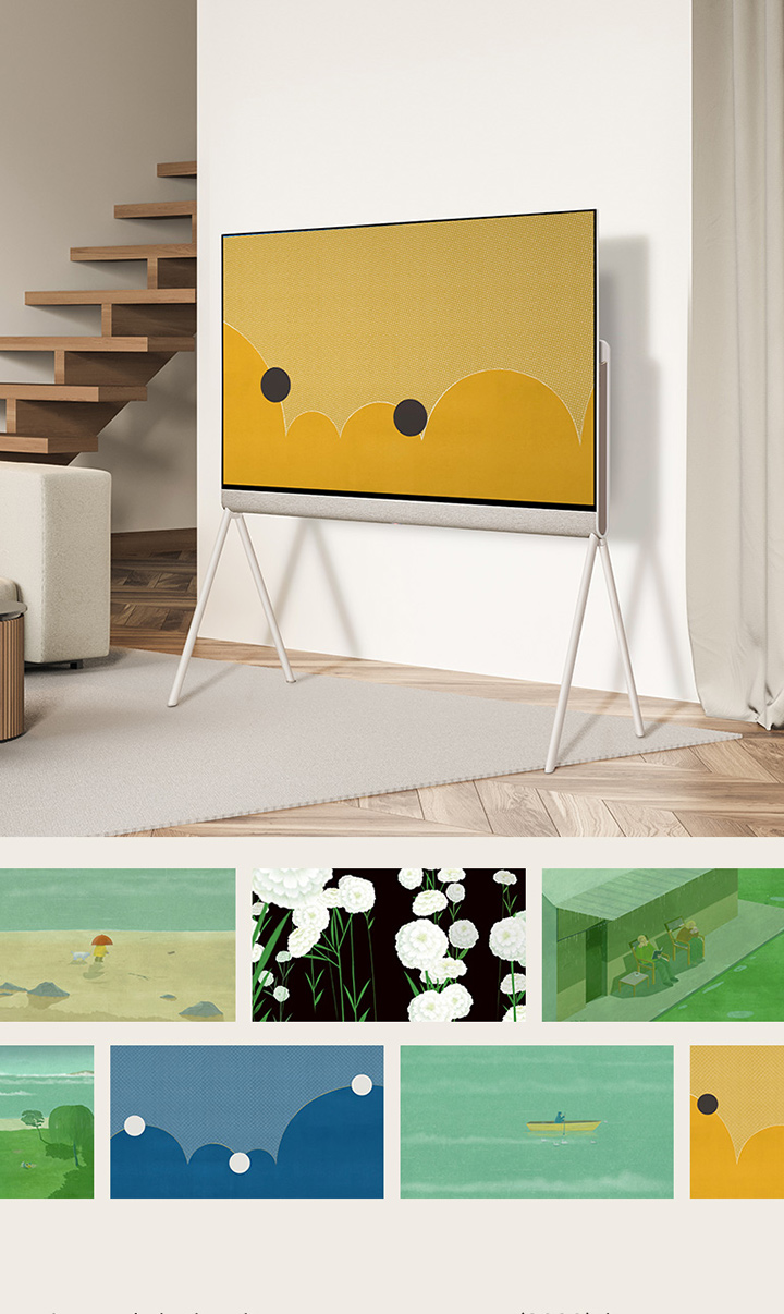 LG OLED Posé is in a living room showing a bold blue artwork with orange circles on-screen. As the circles bounce, the artwork changes from blue to mustard yellow. Below, several artworks are shown in a carousel view.