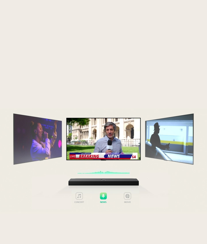 LG Soundbar is showing three different TV screens. The one directly above first plays a music concert with a woman singing. The TV screen showing a news broadcast moves to the middle and starts playing. Then, the TV screen showing an action scene with a woman running up the stairs moves to the middle and starts playing. In between the TV and soundbar, there is a soundwave changes color whenever the tv screen switches to one another, correlating to the genre.