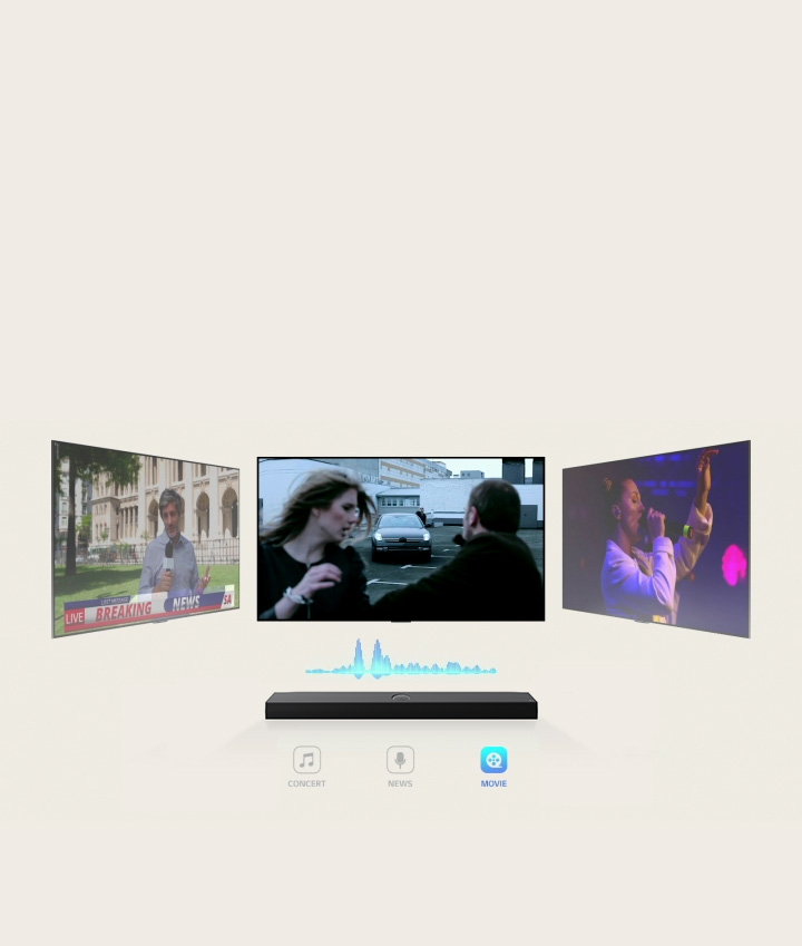 LG Soundbar is showing three different TV screens. The one directly above first plays a music concert with a woman singing. The TV screen showing a news broadcast moves to the middle and starts playing. Then, the TV screen showing an action scene with a woman running up the stairs moves to the middle and starts playing. In between the TV and soundbar, there is a soundwave changes color whenever the tv screen switches to one another, correlating to the genre.