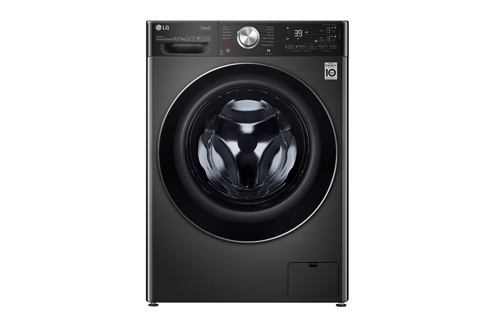 Front view of 10.5/7kg Washer Dryer LG Turbowash360™, Black Steel FWV1117BTSA