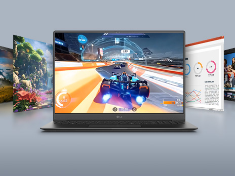 A laptop displaying an action-packed football scene on its screen with a highlighted text '31Hz - 144Hz,' surrounded by additional screens featuring diverse visuals. This setup emphasises gaming and multimedia versatility with a variable refresh rate.