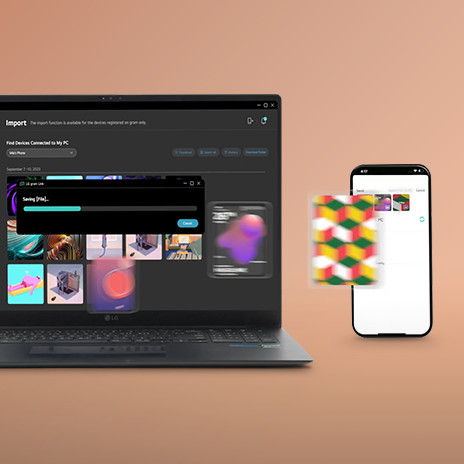 This image shows a laptop and a smartphone wirelessly sharing files. The laptop screen displays a file transfer progress window, while the smartphone screen shows a gallery of received files. A blurred, colourful file icon appears mid-transfer, illustrating the wireless sharing process.