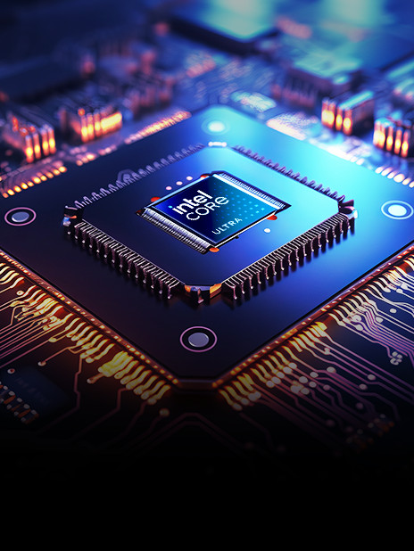 A close-up of an Intel Core Ultra processor embedded in a high-tech circuit board. The chip is surrounded by intricate circuitry with glowing orange and blue lights, creating a futuristic and high-performance aesthetic.