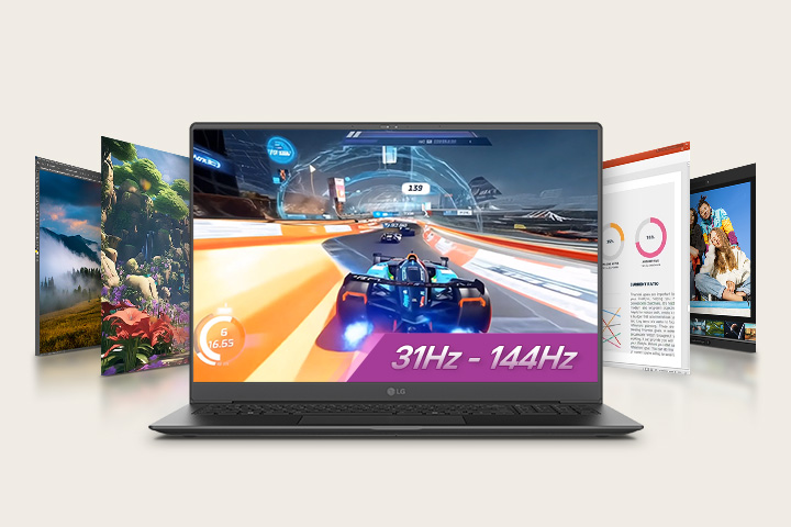 An animation shows a laptop displaying an racing game of car scene on its screen with a highlighted text '31Hz - 144Hz,' surrounded by additional screens featuring diverse visuals. This setup emphasises gaming and multimedia versatility with a variable refresh rate.