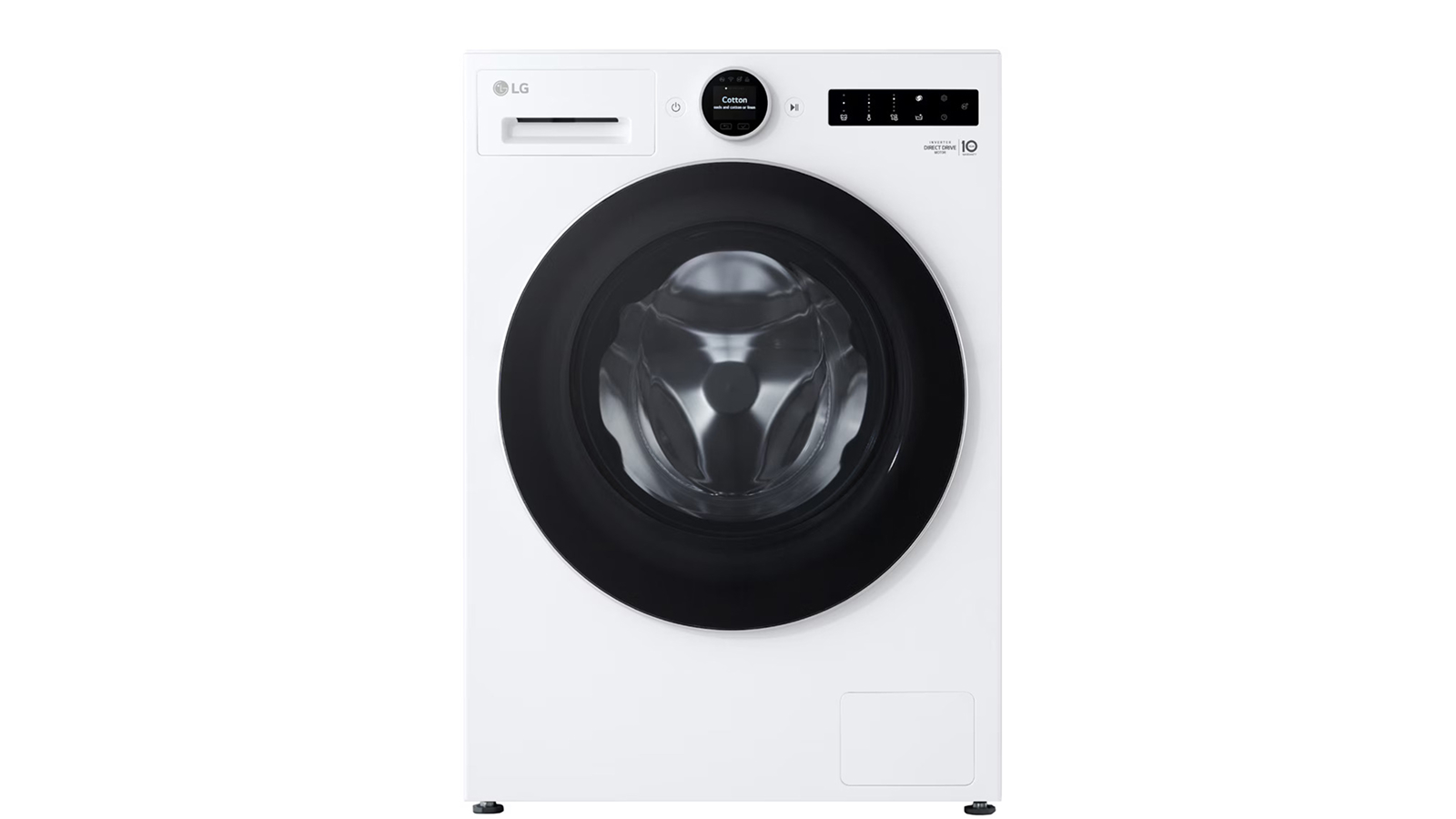 The front view image of white LG washing machine.