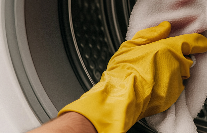Image of hand in yellow glove cleaning lg washing machine drum.