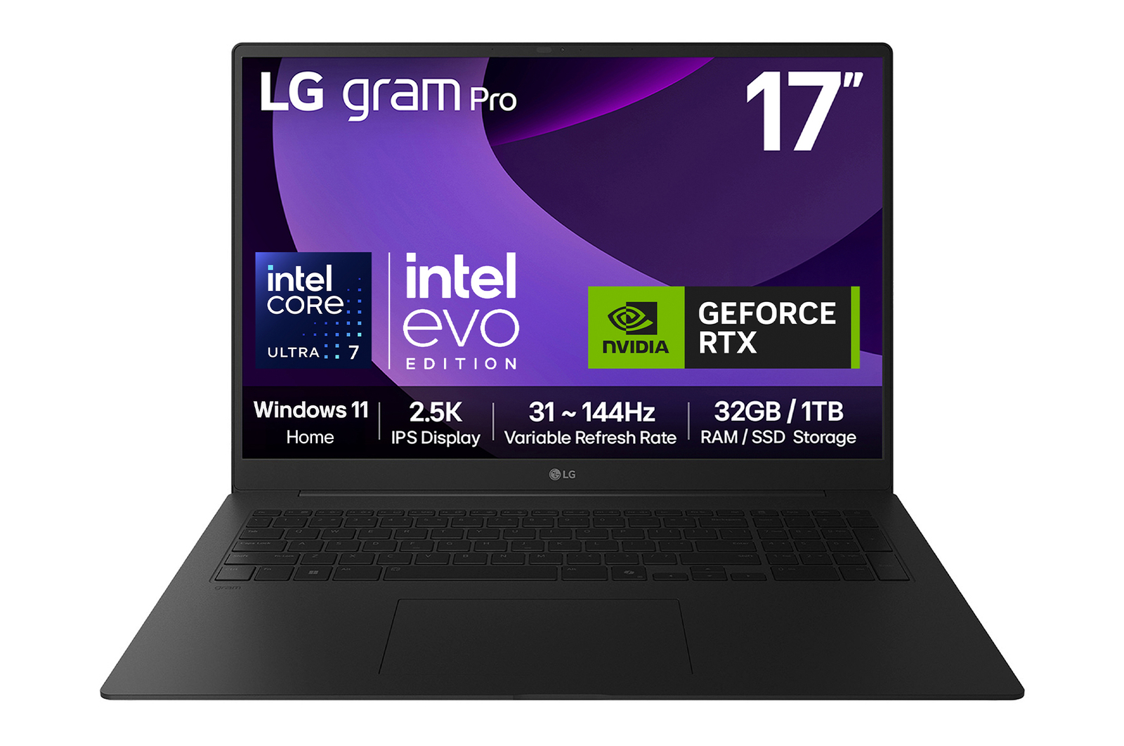 Front view of 17" LG gram Pro Laptop, Windows 11 Home, 32GB RAM, Ultra 7 Processor, 31~144Hz, RTX5050, Black 17Z90TR-E.AD88A1