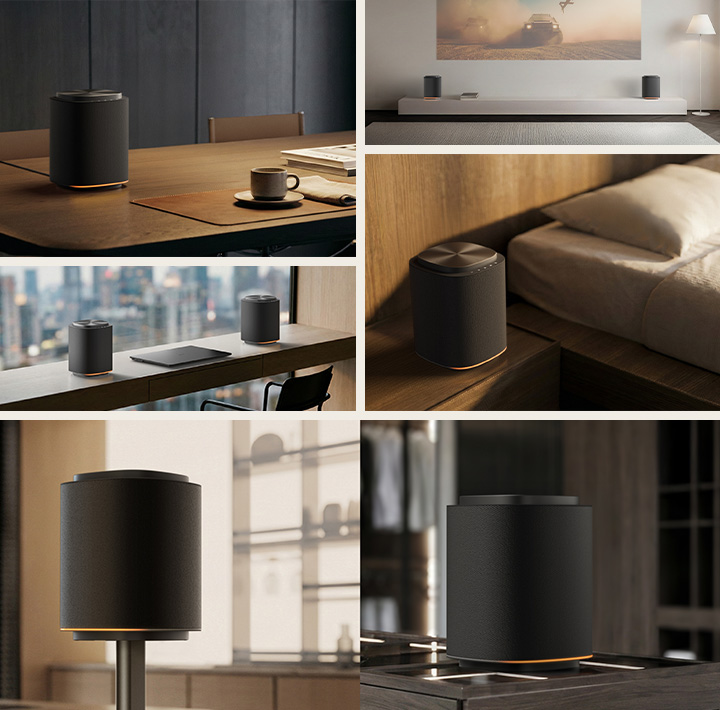 LG Sound Suite M5 wireless speaker placed in various home settings including desk, bedside, TV setup and speaker stand