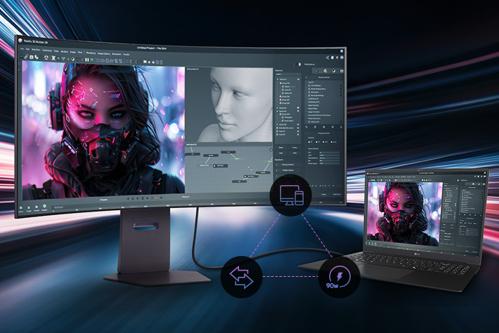 Ultrawide monitor connected to a laptop displaying creative design work.
