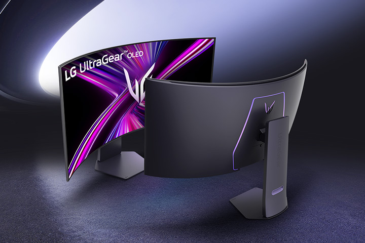 Front and rear views of the LG UltraGear OLED monitor with a curved design and sleek finish.	