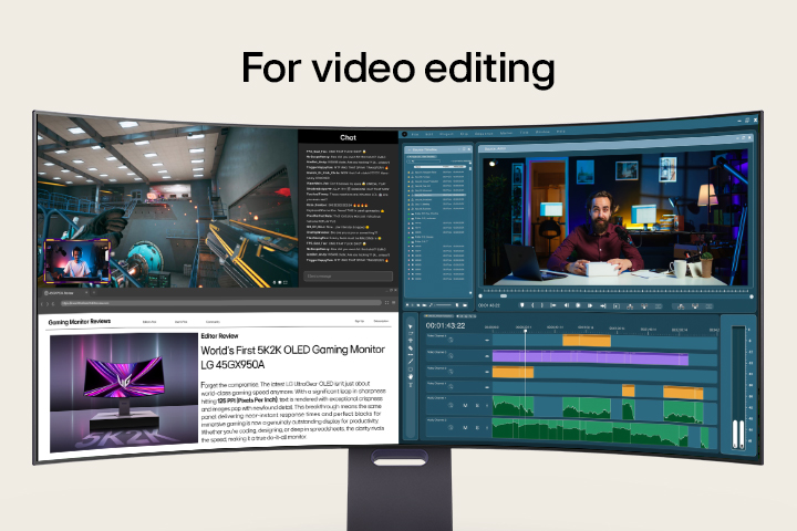 A multitasking setup showcasing gaming, video editing, design, and video calls across various apps, all displayed on an LG 5K2K OLED monitor.	