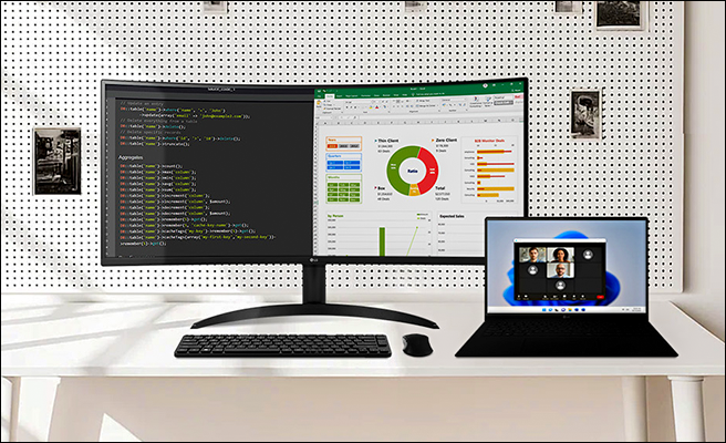 Two photos showing different views of a small, organized studio apartment with an LG UltraWide monitor setup.