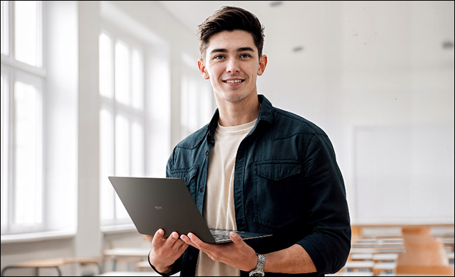 Two photos of a smiling male student carrying and using an LG gram laptop on a university campus.