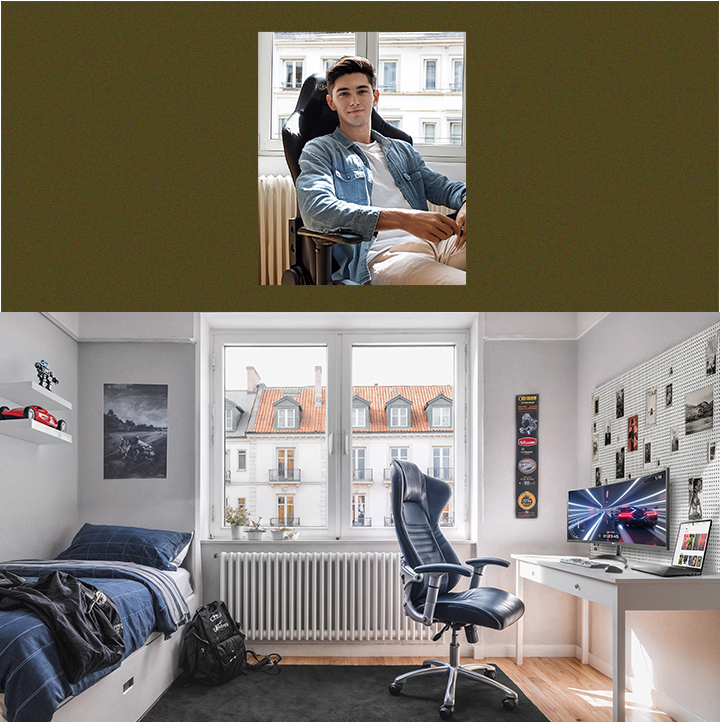 Student room setup with desk and bed; smiling person on the side.