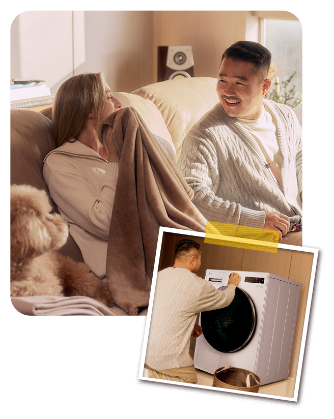 A happy couple covered in freshly dried clothes from the LG dryer