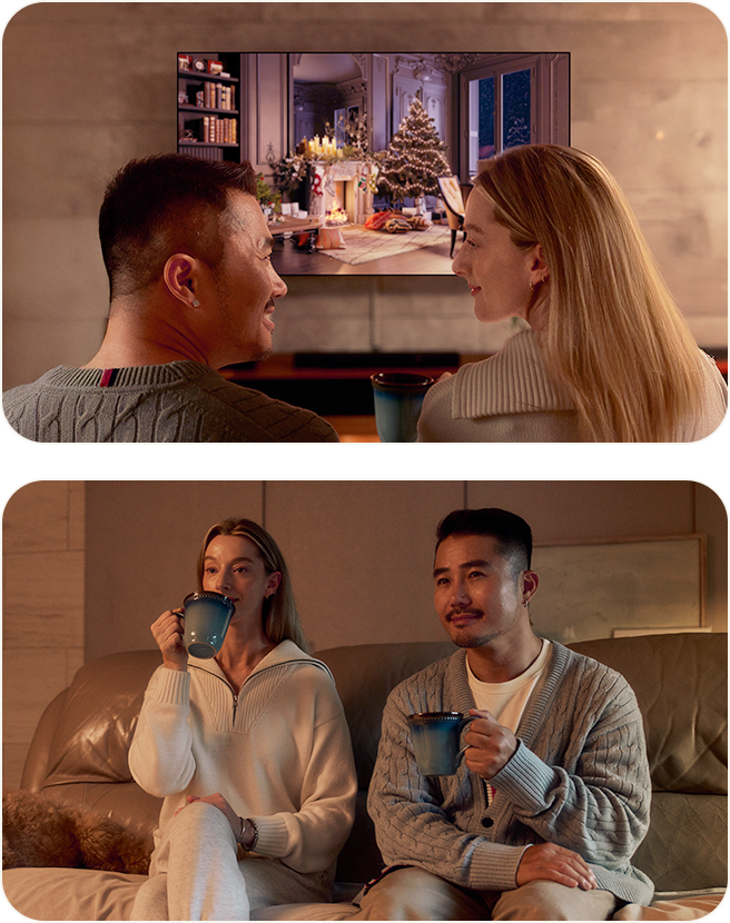 Couple watching a nostalgic movie on an LG OLED TV