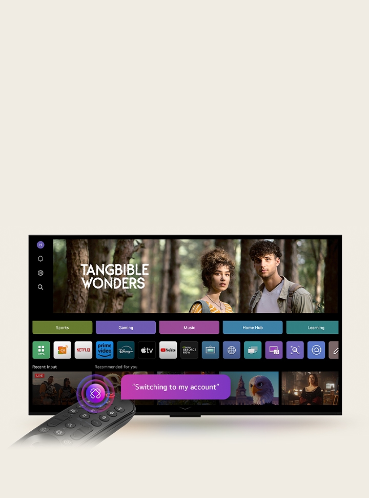 On an LG QNED TV screen is the webOS 25 home page filled with apps and entertainment content. By the TV is the LG AI Magic Remote, the AI button is highlighted as if activated by the user's voice. A speech bubble is beside it, switching to my account.