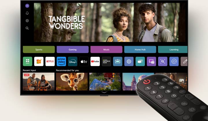 LG AI Magic Remote in use. The whole scenario shows how easy and convenient the AI Magic Remote is. The LG webOS home page is visible as a cursor appears and clicks on a specific thumbnail. It fills the screen. The AI button on the remote is then highlighted.