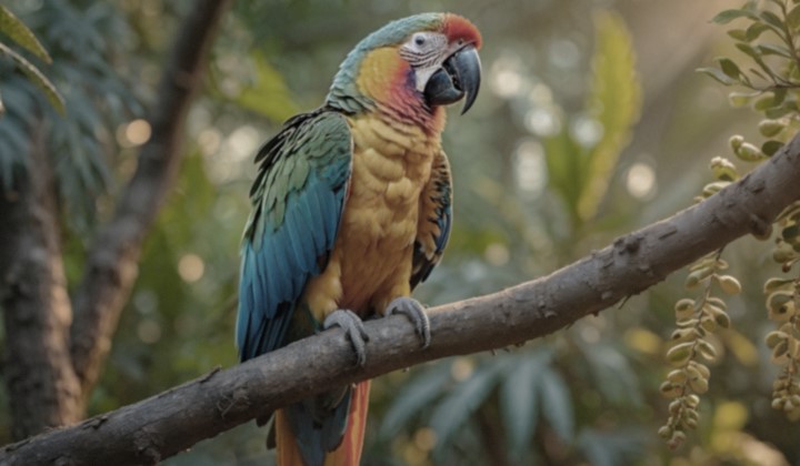 Lines animate across a very dull and almost gray image of a parrot in a forest as if a supercomputer is analyzing the elements in the frame. A laser traces the parrot's silhouette and then it is enhanced to be brighter, sharper, and more colorful. The background also transforms from left to right, now with improved contrast, depth, and colors.