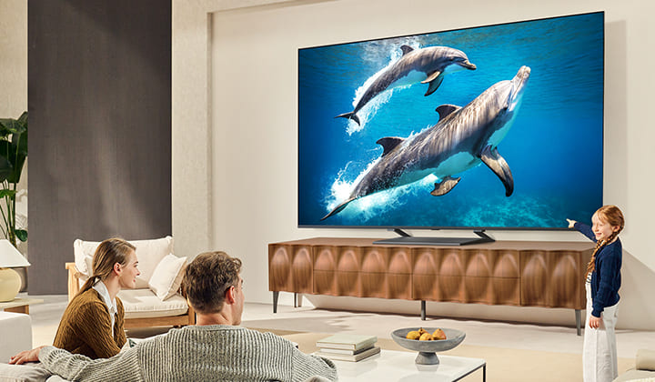 A girl and a dog are seated in front of a LG QNED TV mounted on a wall depicting three elephants walking outwards above a LG Soundbar. 