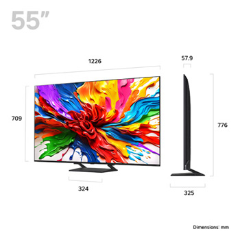 Front view and side view of LG QNED evo AI QNED92 4K Smart TV showing its length, width, height, and depth dimensions.