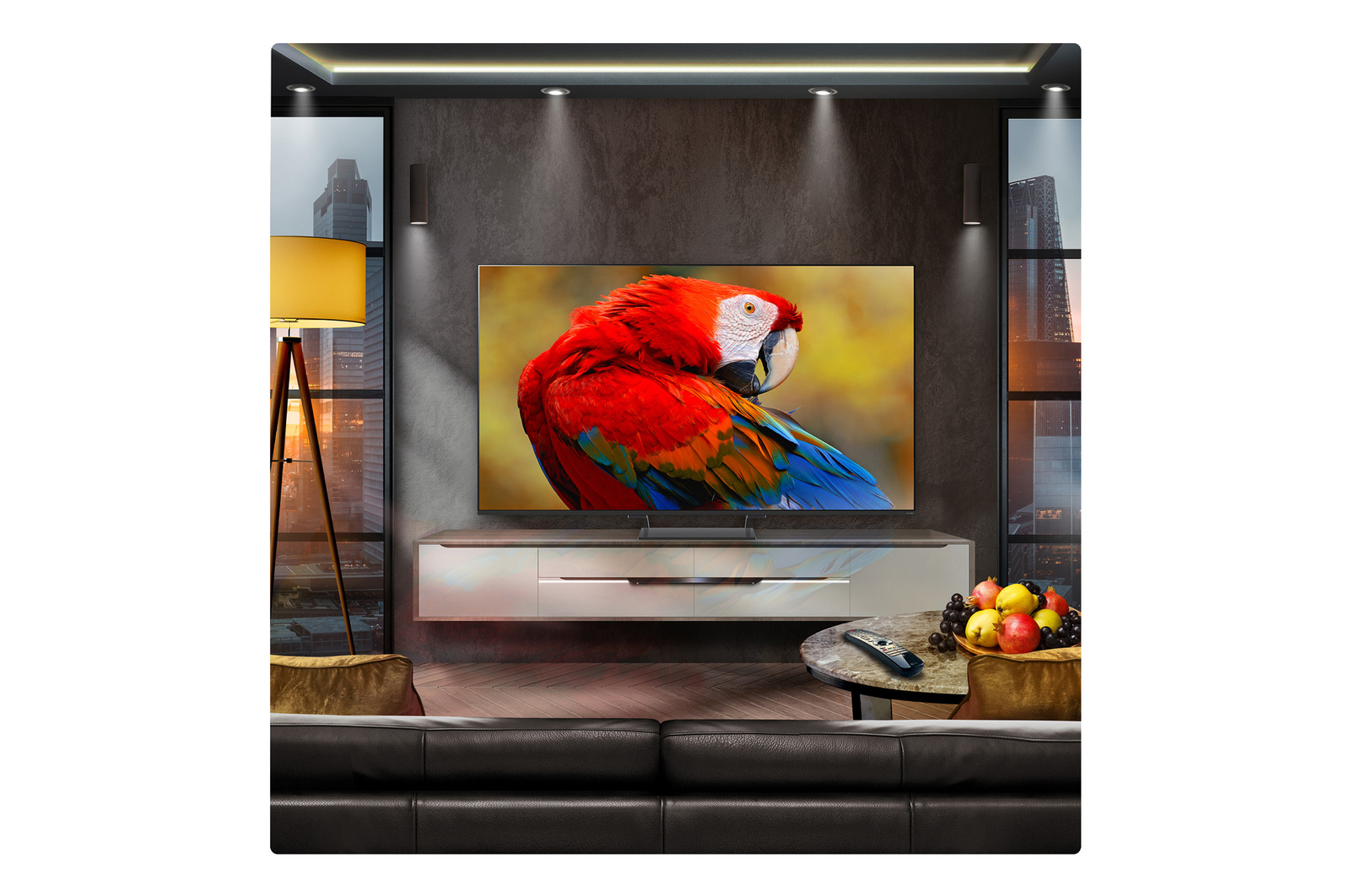 A family sits on a couch facing a LG QNED TV sitting above a TV stand with a little girl pointing to a screen depicting two dolphins. The title talks about how you can enjoy high resolution on a massive screen.