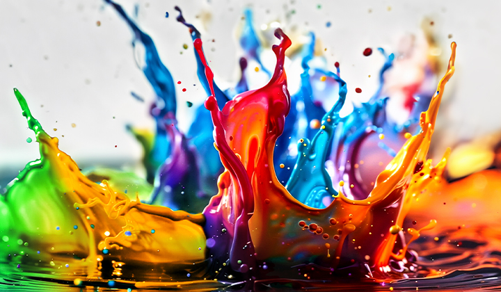 Splashes of paint burst from the floor up in diverse colours.