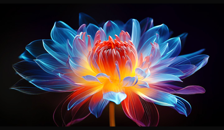 3D holographic flower in many different shades and hues against a black background. The definition and detail of the flower shows off QNED MiniLED's capability to produce visuals with exceptional colour, brightness, and contrast.